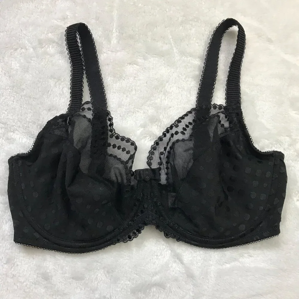 Wacoal Underwire‎ Bra Women's Size 36D Black Polka Dot Semi Sheer Full Coverage